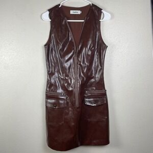 FuTrio Brown Faux Leather Zip Front Mini Dress Sleeveless Moto‎ Cargo Womens S